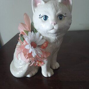 Vintage white ceramic fabric flower cat